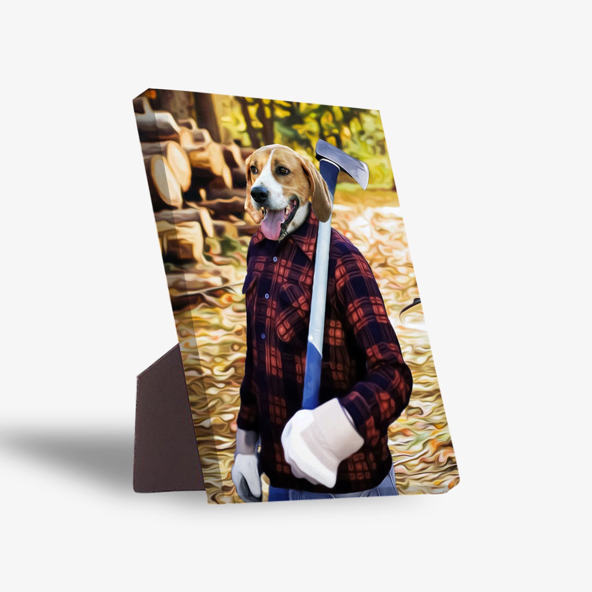 Personalized pet standing canvas featuring a beagle in a red plaid lumberjack shirt holding an axe.
