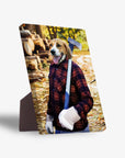 Personalized pet standing canvas featuring a beagle in a red plaid lumberjack shirt holding an axe.