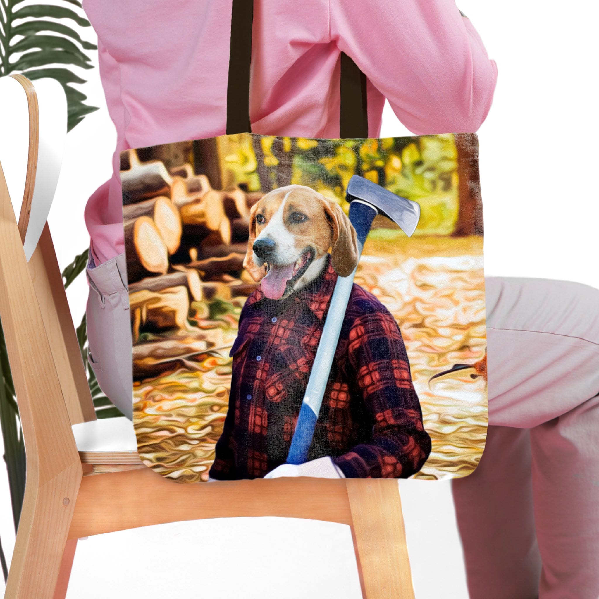 Personalized tote bag with a beagle pet portrait in a lumberjack shirt holding an axe.