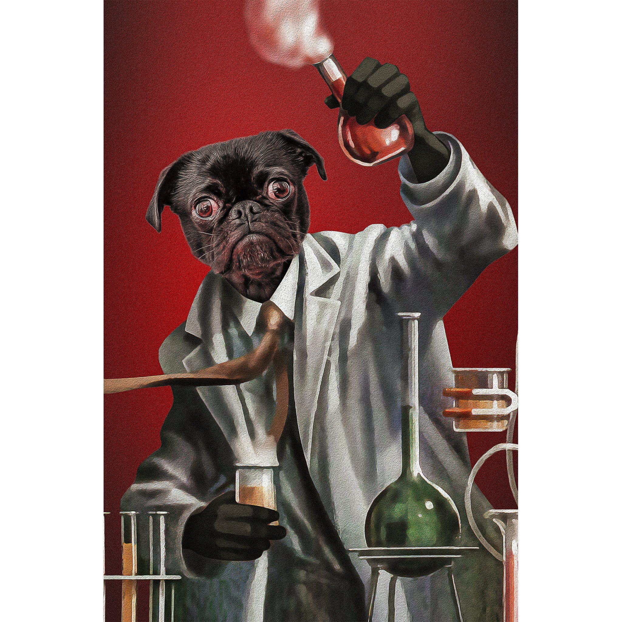 Personalized digital portrait of a black pug as a mad scientist in a lab coat.
