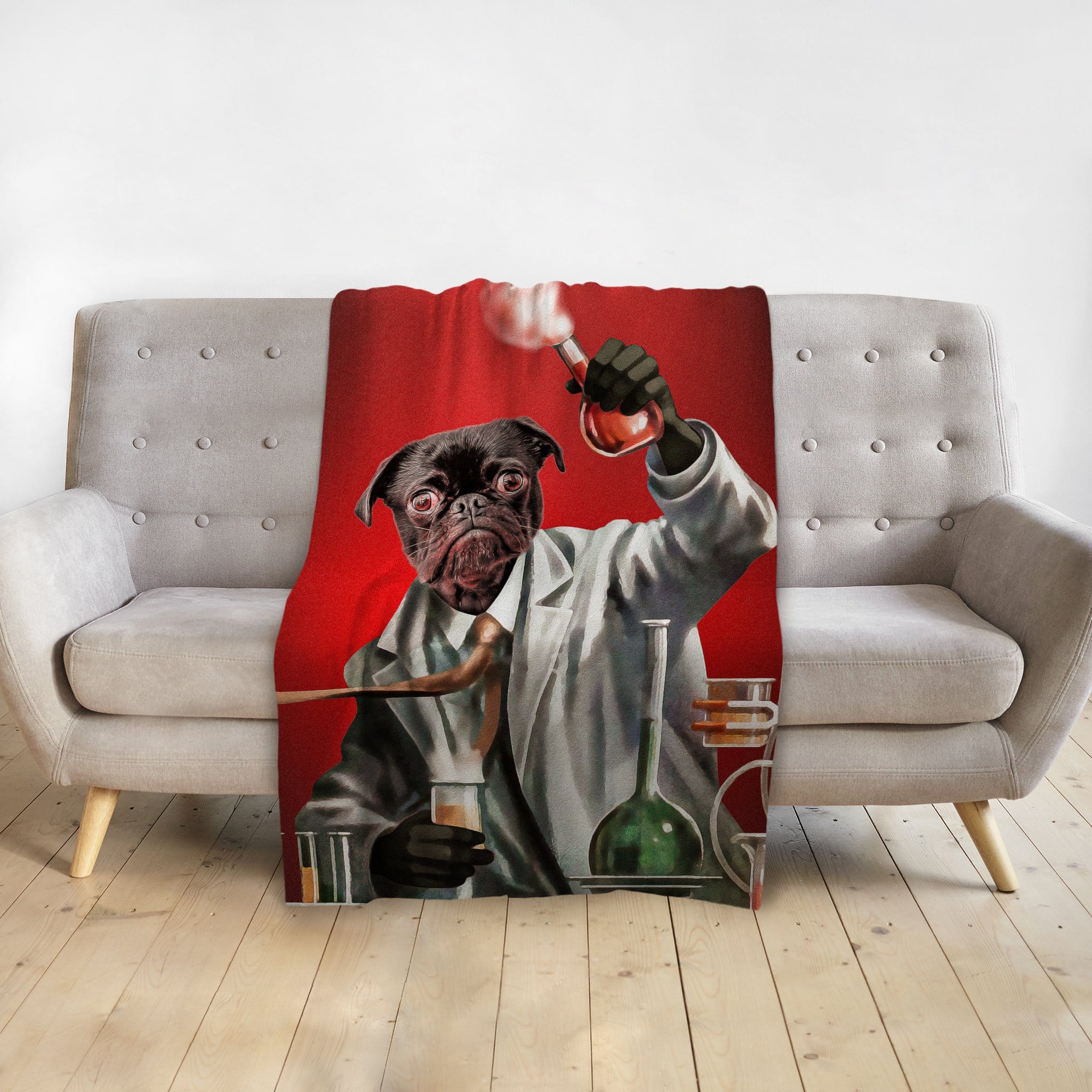 Personalized pet blanket with a black pug in a mad scientist portrait on a red background.