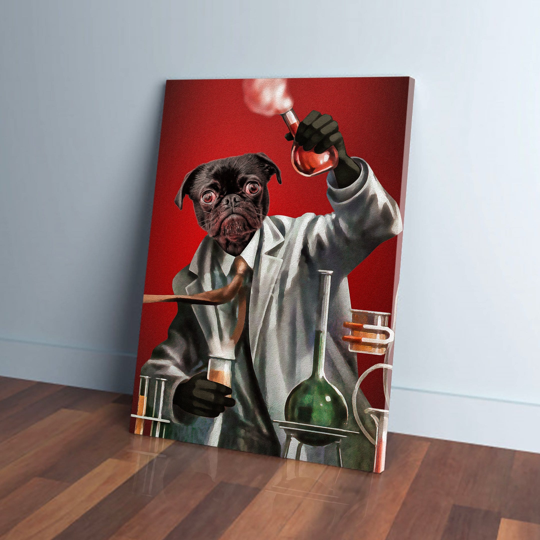 Personalized pet canvas featuring a black pug as a mad scientist on a red background.
