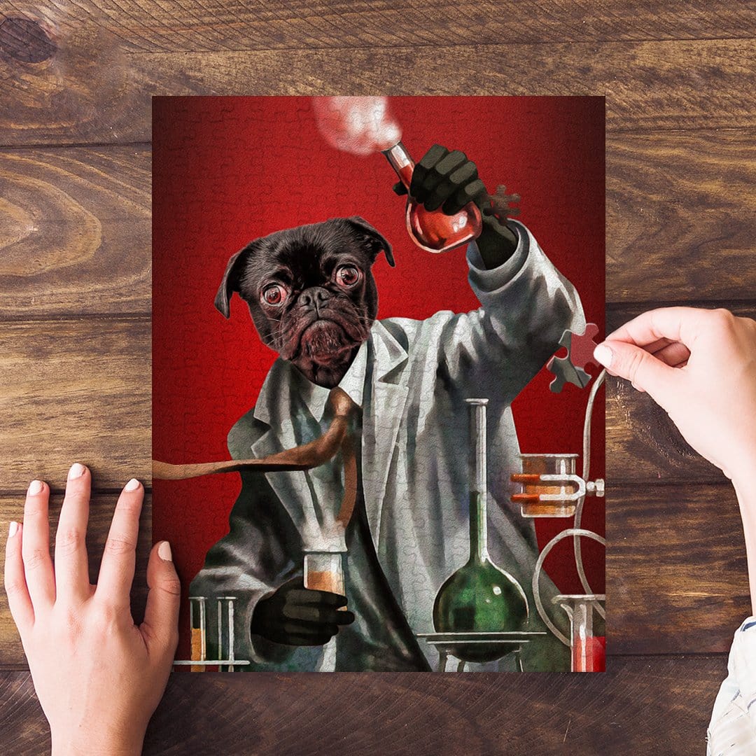 Personalized pet puzzle featuring a black pug as a mad scientist on a red background.