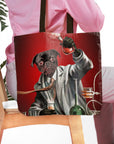 Personalized tote bag with a custom pet portrait of a pug as a mad scientist on a red background.