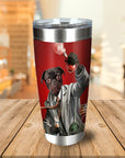 Personalized stainless steel tumbler with a black pug pet portrait as a mad scientist on a red background.