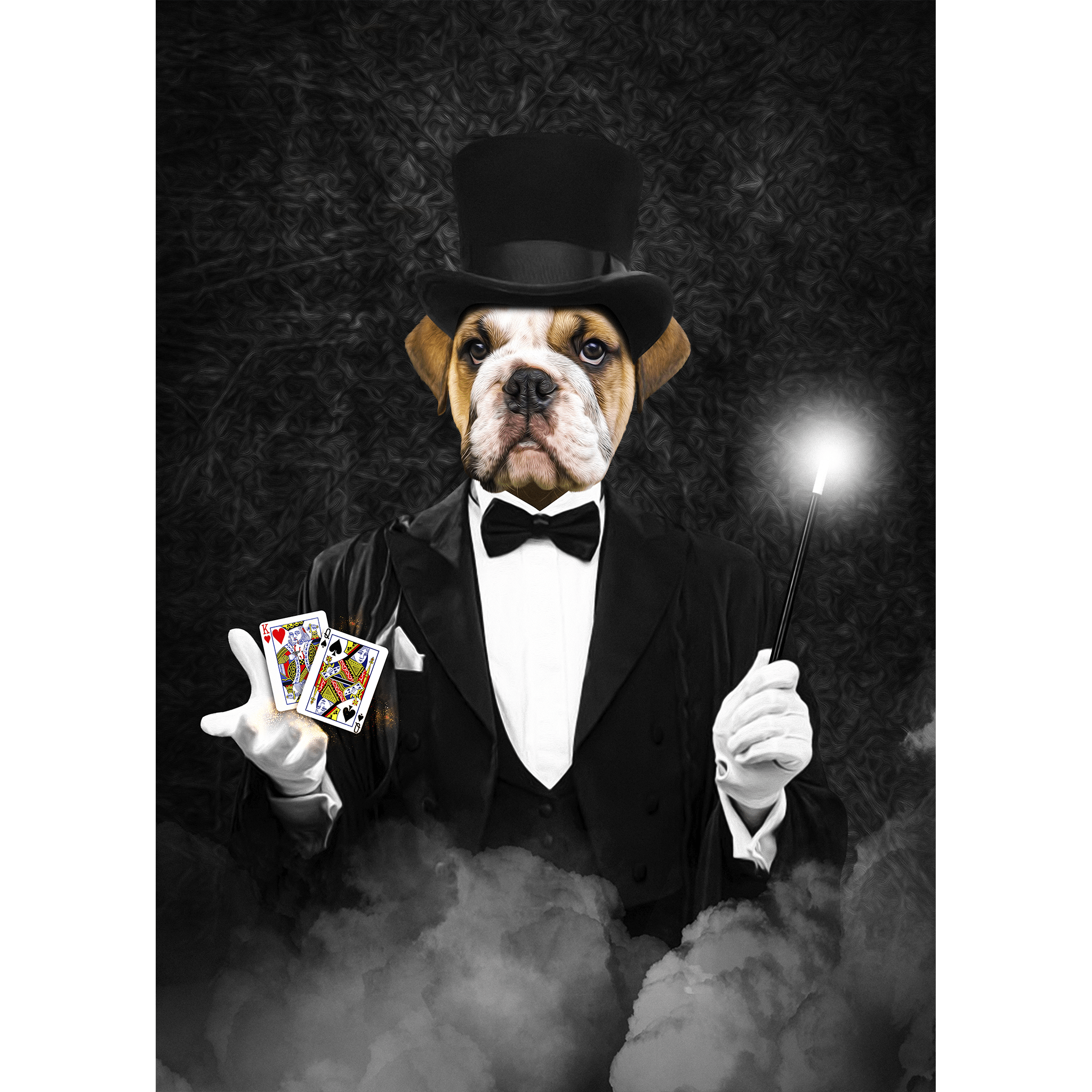 Custom digital portrait of a bulldog as 'The Magician' in a tuxedo with cards and a wand.