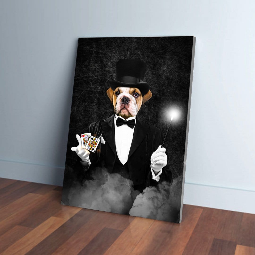 Custom bulldog pet portrait canvas as a magician in a black suit, top hat, holding cards and a glowing wand.