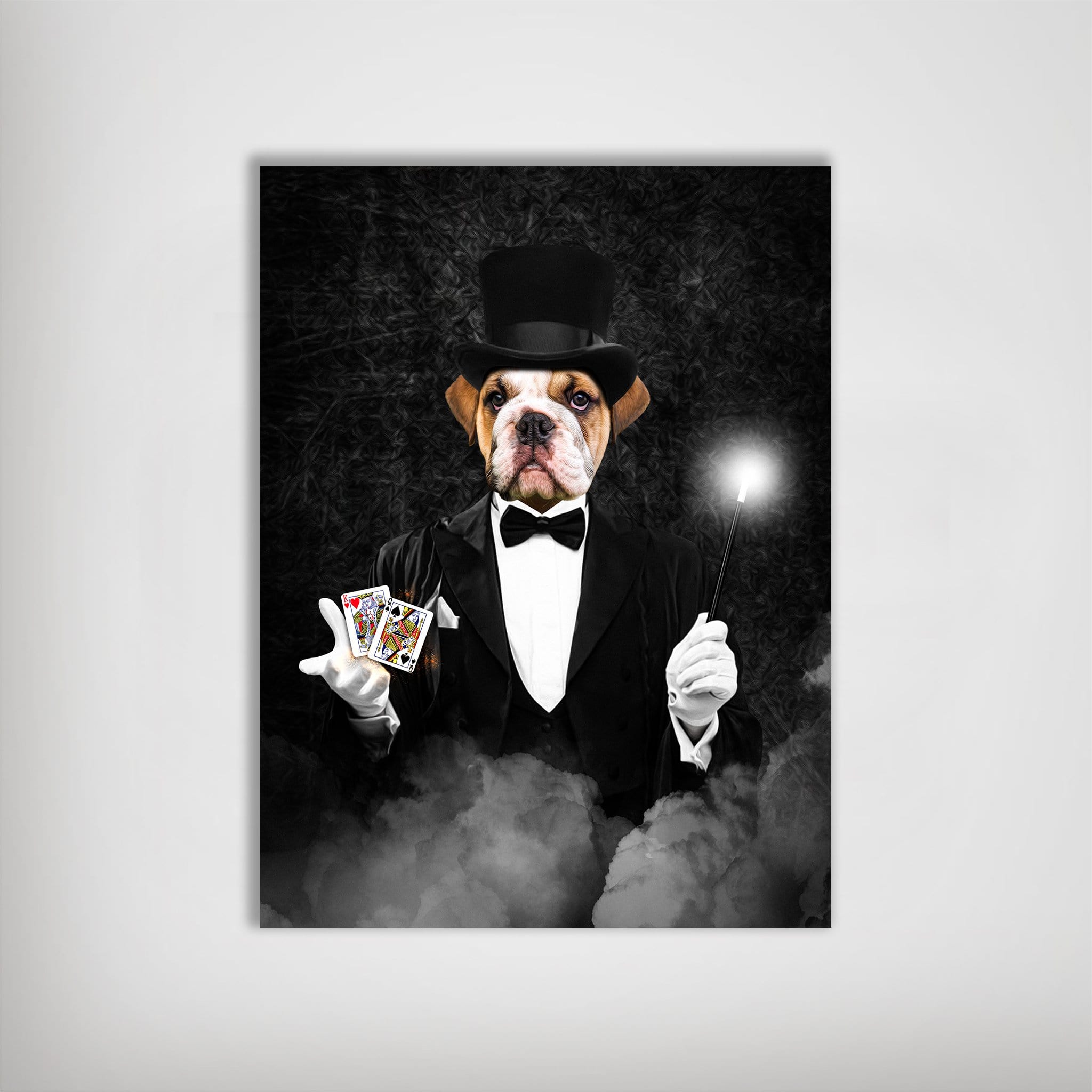 Personalized pet poster featuring a bulldog in a black magician's tuxedo and top hat, holding playing cards and a glowing wand.