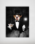 Personalized pet poster featuring a bulldog in a black magician's tuxedo and top hat, holding playing cards and a glowing wand.
