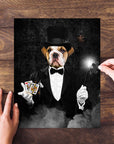 Personalized pet puzzle featuring a bulldog dressed as a magician, holding cards and a glowing wand.