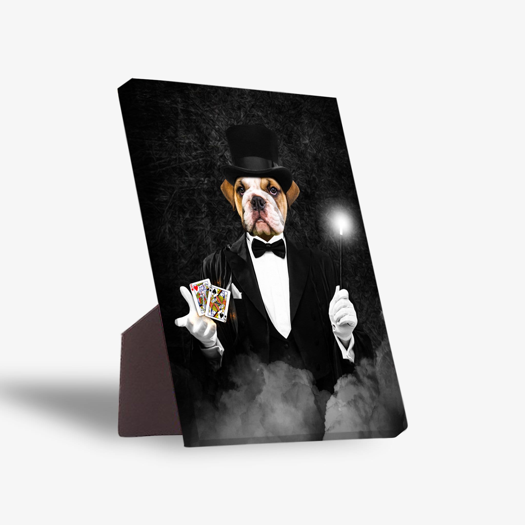 Personalized pet standing canvas featuring a bulldog in a black magician's tuxedo, top hat, holding cards and a wand.