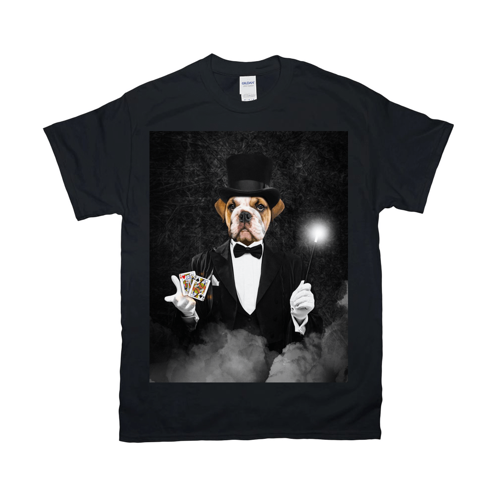 Black Gildan t-shirt with a bulldog magician wearing a top hat, tuxedo, holding cards and a glowing wand.