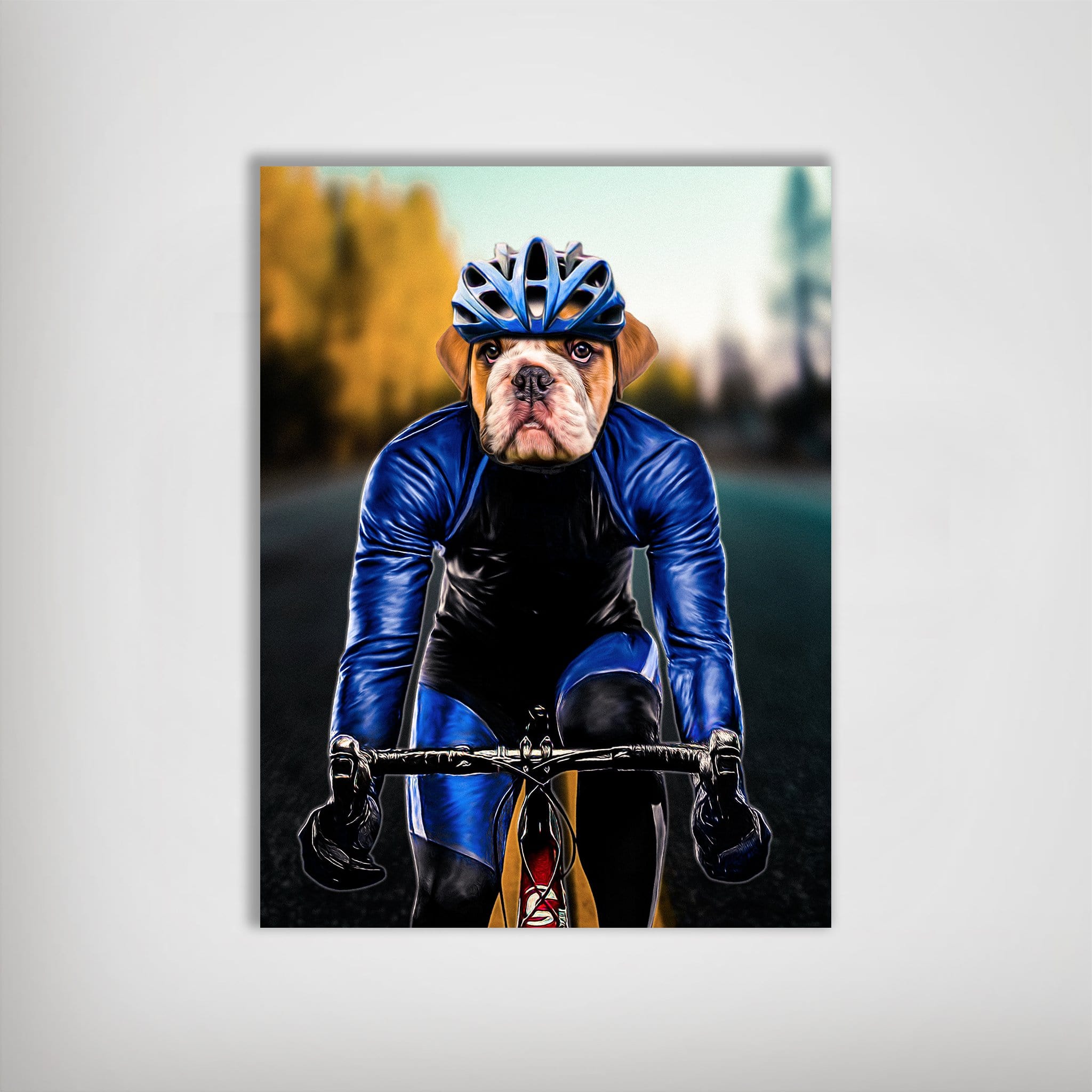 Personalized pet poster featuring a bulldog's head on a male cyclist in a blue and black racing suit.