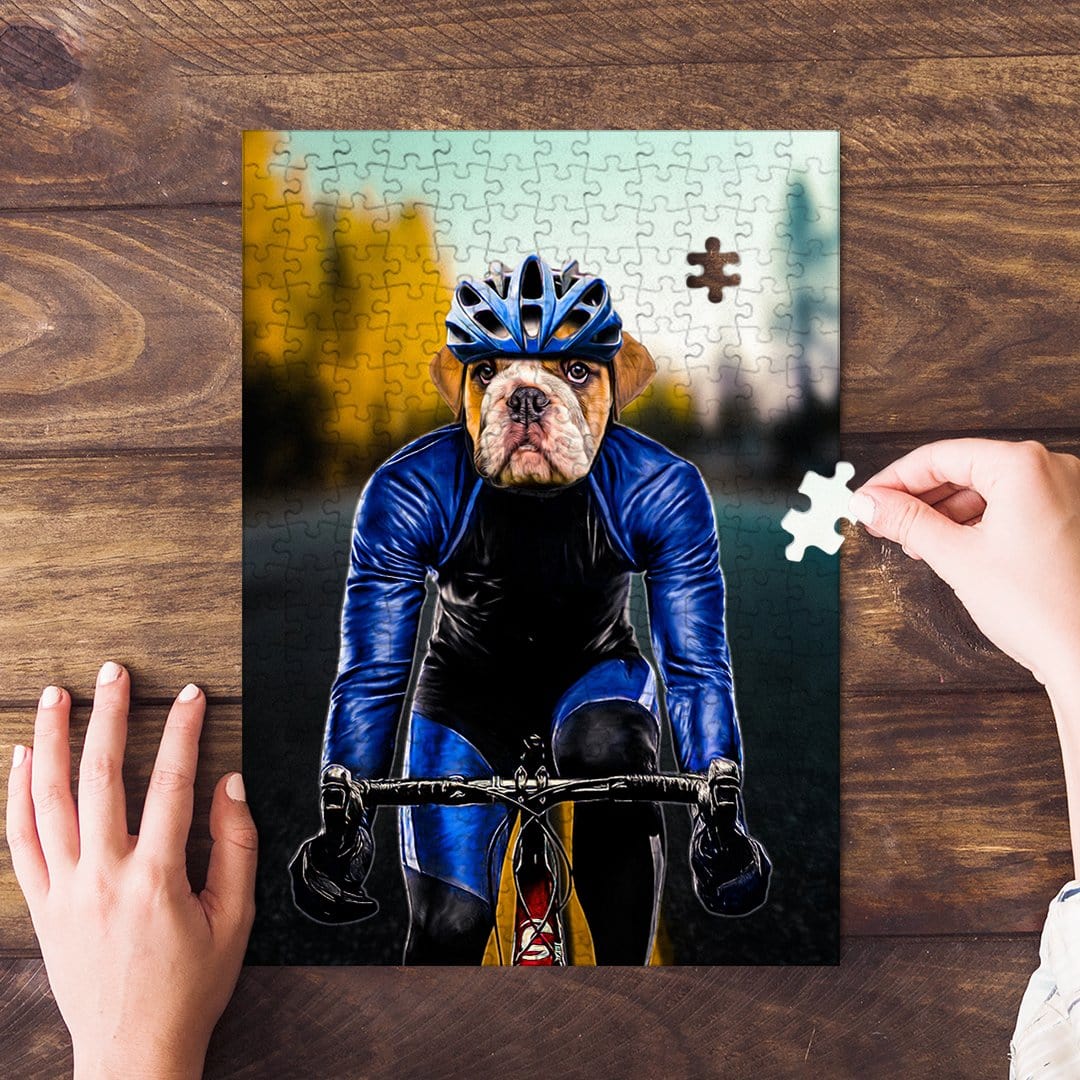Personalized pet puzzle featuring a bulldog's head on a male cyclist's body, blue uniform, on a wooden table.