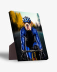 Personalized pet bulldog cyclist canvas with blue helmet and suit, standing on a white background.