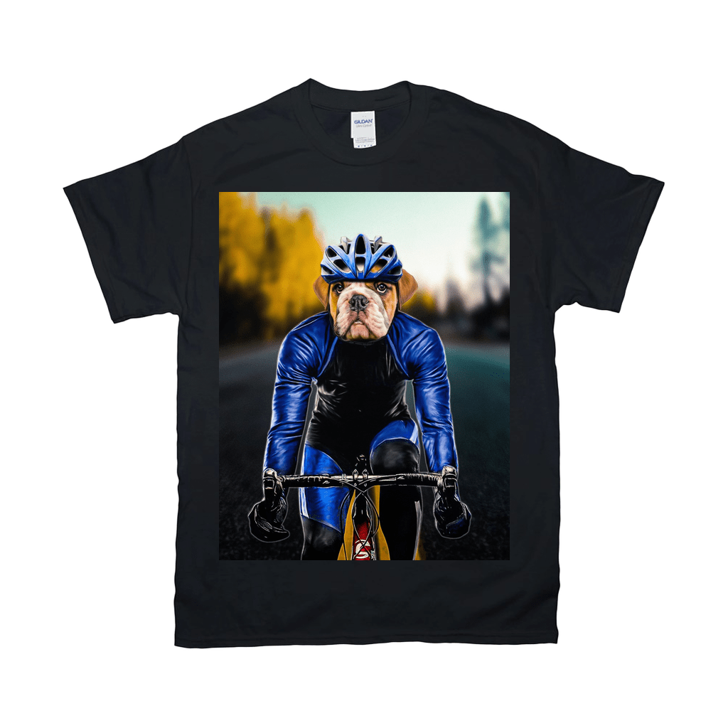 Black Gildan t-shirt with a bulldog's head on a cyclist's body in blue and black gear.