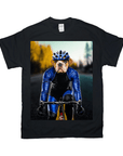 Black Gildan t-shirt with a bulldog's head on a cyclist's body in blue and black gear.