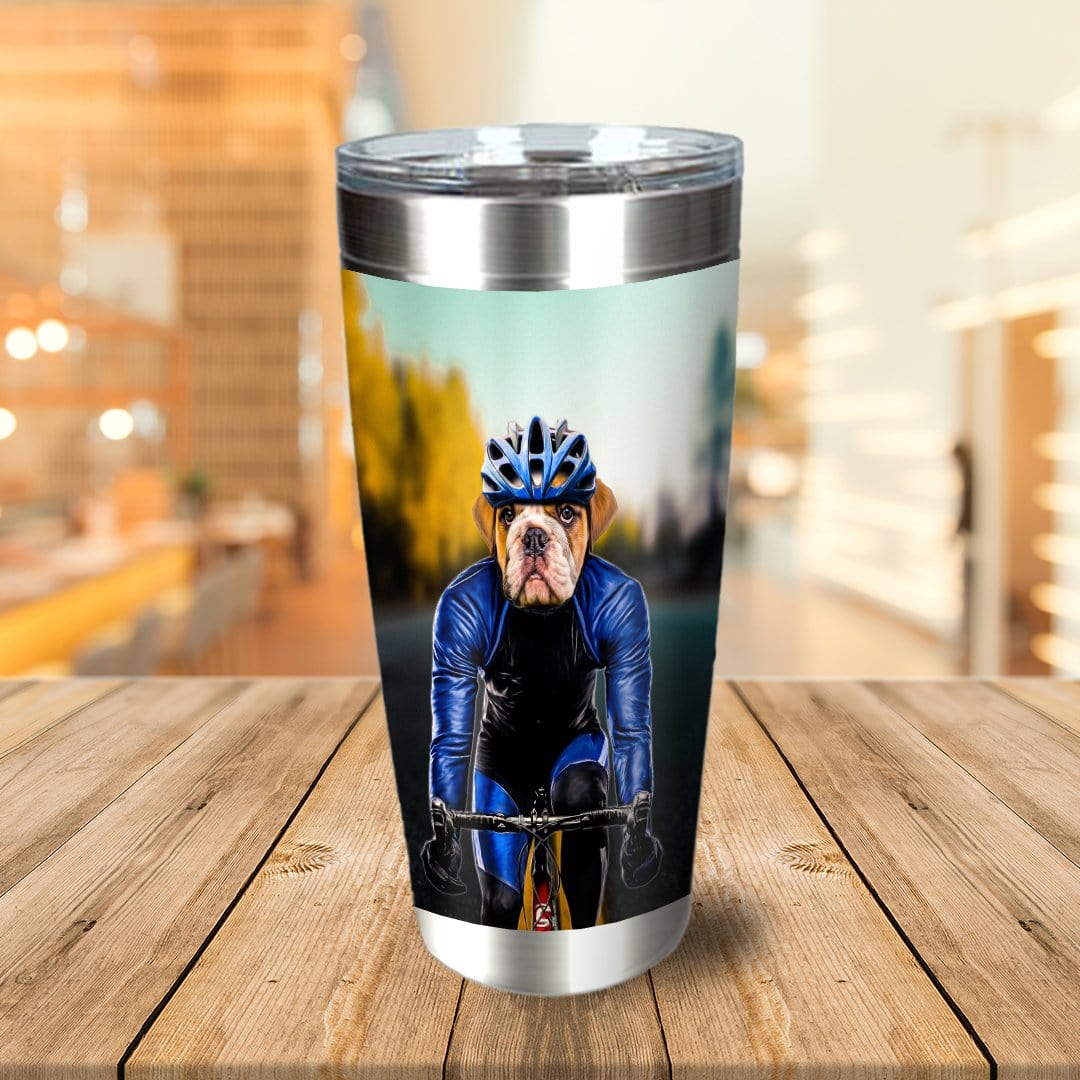 Personalized stainless steel tumbler with a bulldog pet portrait as a male cyclist in a blue uniform.