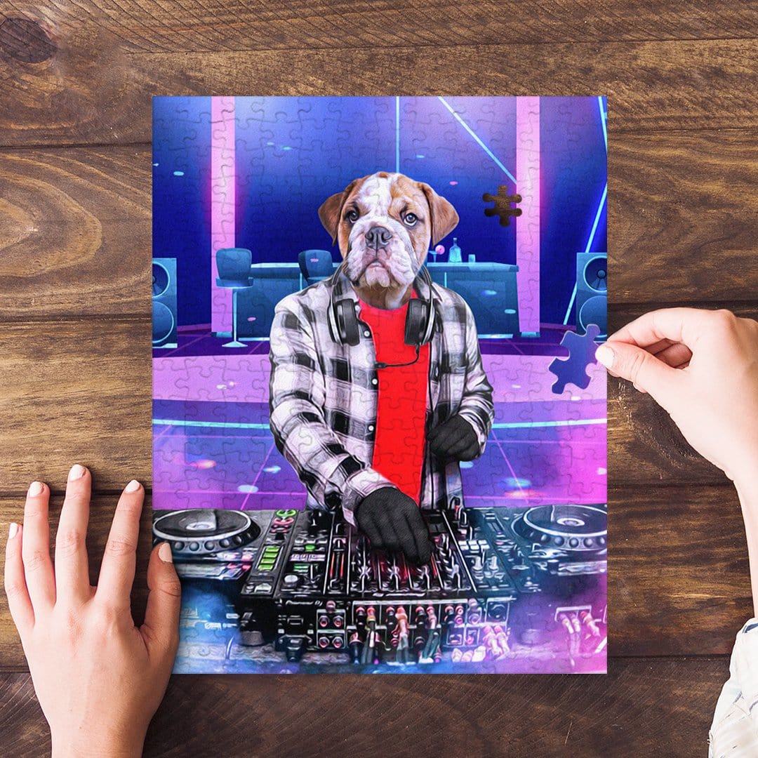 Personalized pet puzzle featuring a bulldog's head on a male DJ's body in a vibrant club scene.