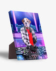 Personalized pet bulldog DJ standing canvas in a plaid shirt and red tee, with a sturdy back stand.