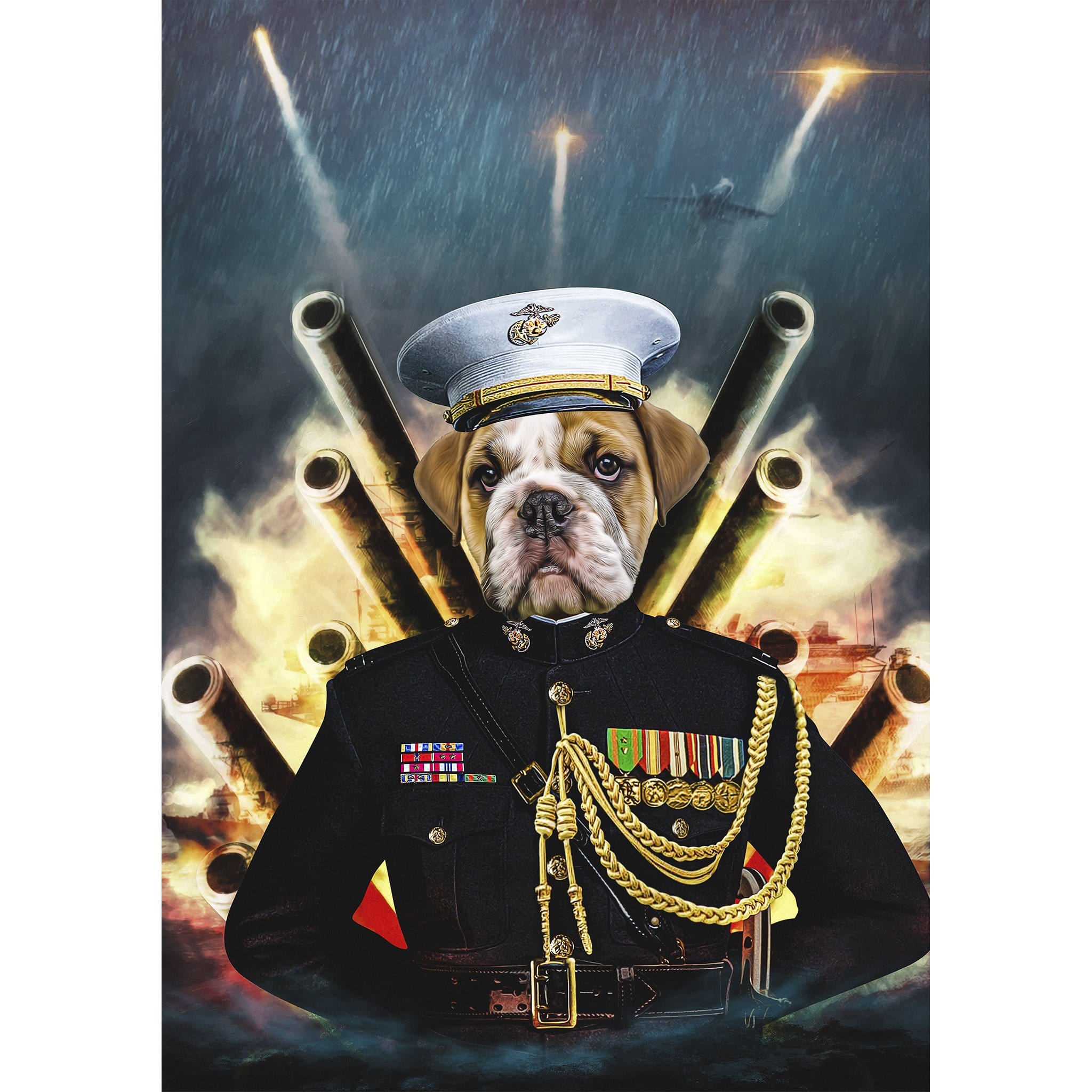 Personalized digital portrait of a bulldog in a Marine uniform with a naval battle background.