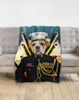 Personalized pet blanket with a bulldog in a Marine uniform portrait.