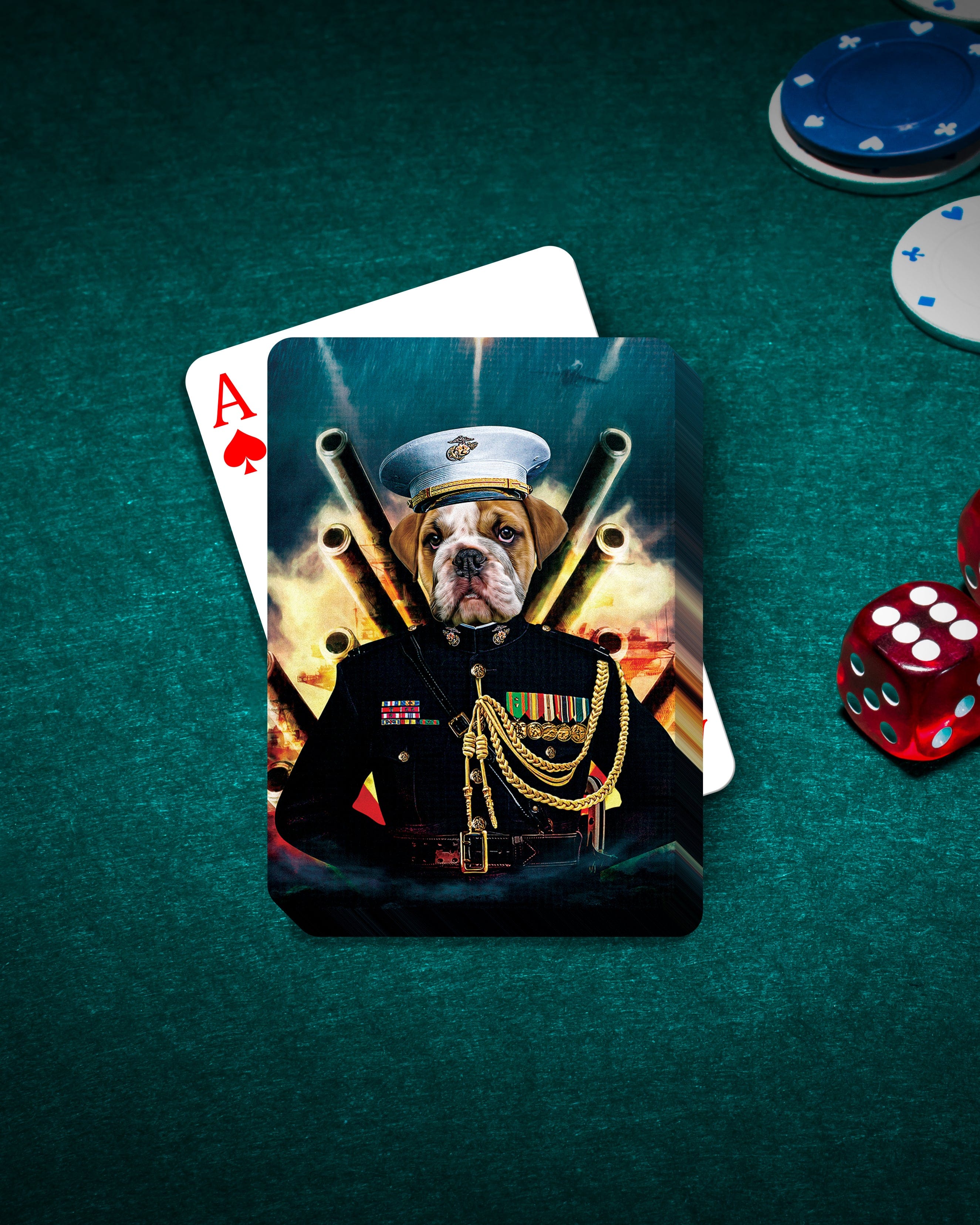 Custom playing cards featuring a bulldog pet portrait in a Marine uniform, on a green felt table with poker chips and dice.