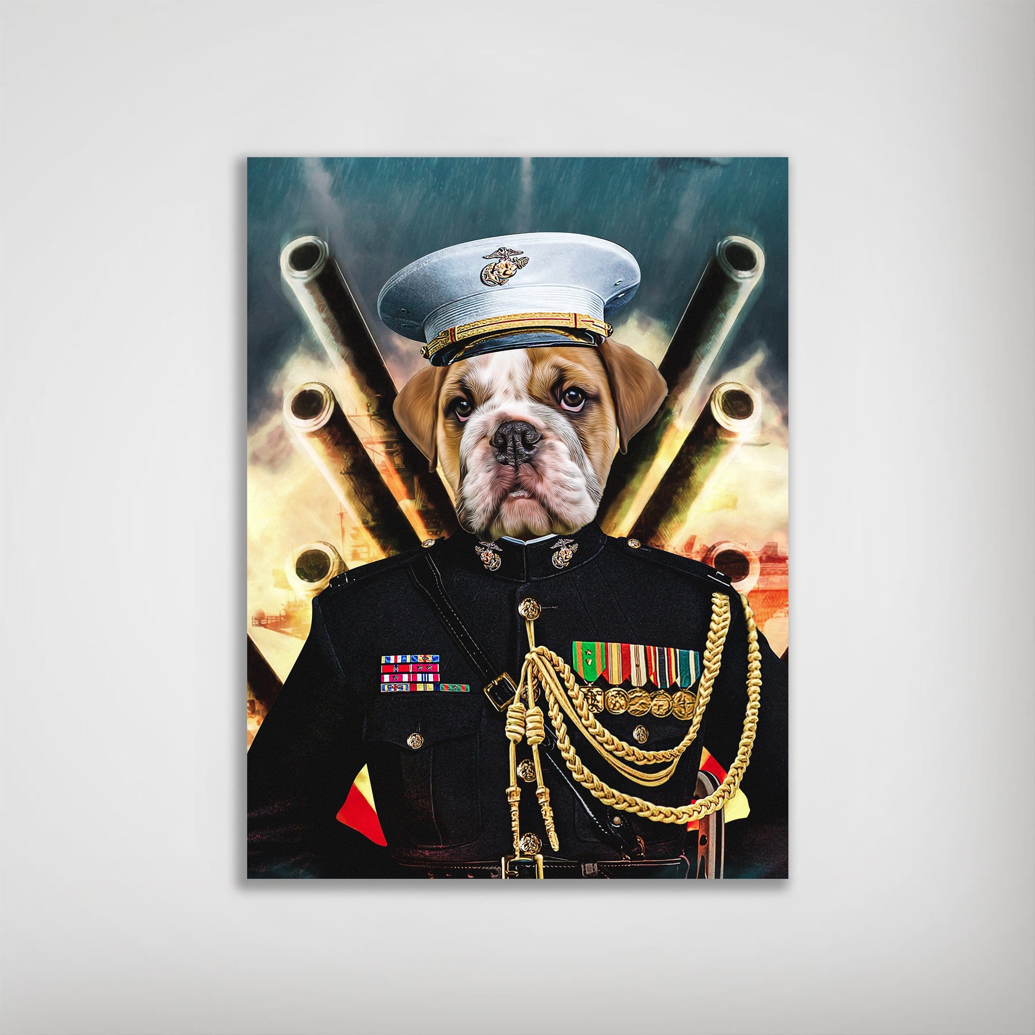 Personalized pet poster featuring a bulldog in a blue Marine uniform with gold accents, set against a fiery backdrop.