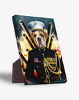 Personalized pet standing canvas featuring a bulldog in a Marine uniform with medals and gold chains, against a fiery background.