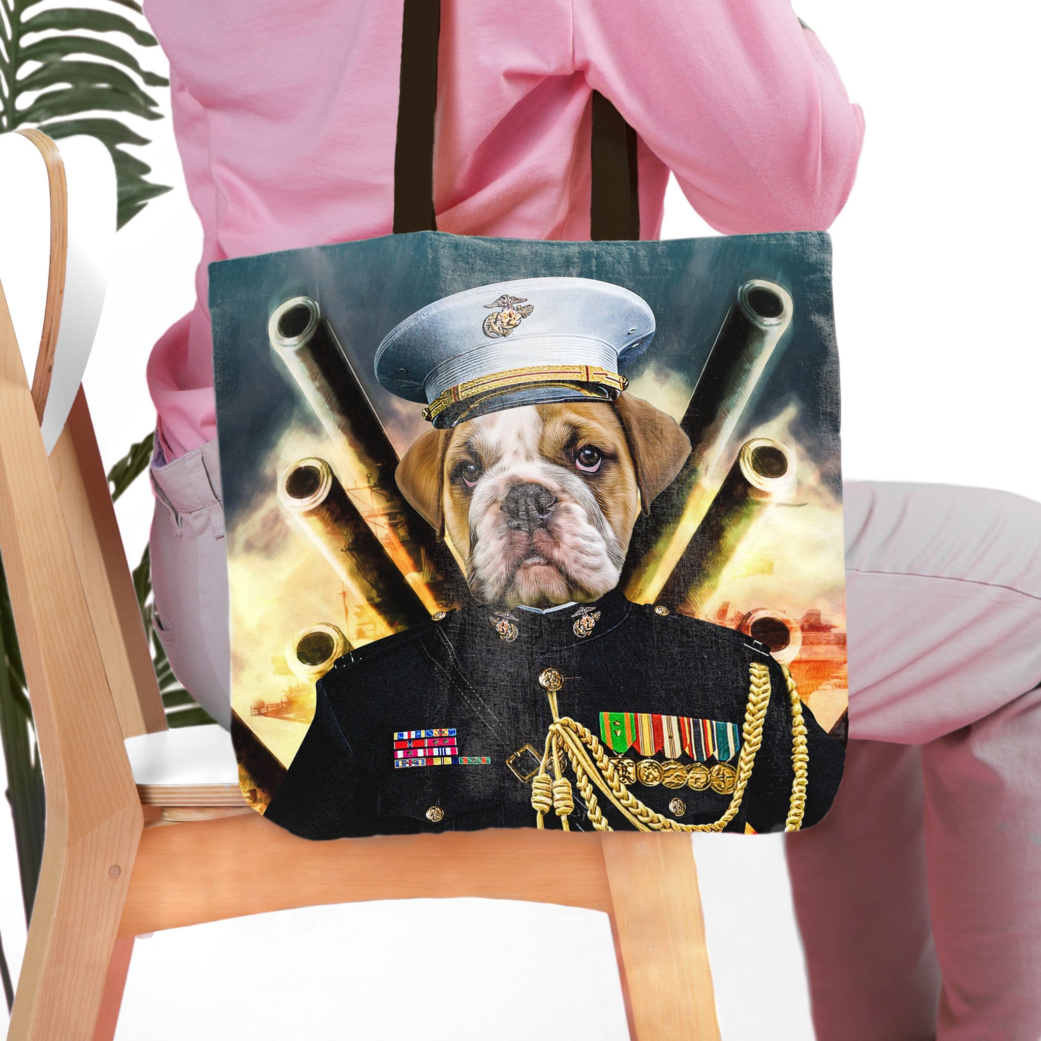 Personalized 'The Marine' tote bag with a bulldog pet portrait in a military uniform.