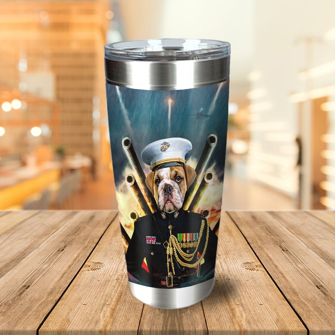 Personalized stainless steel tumbler with a bulldog pet portrait in a Marine uniform.