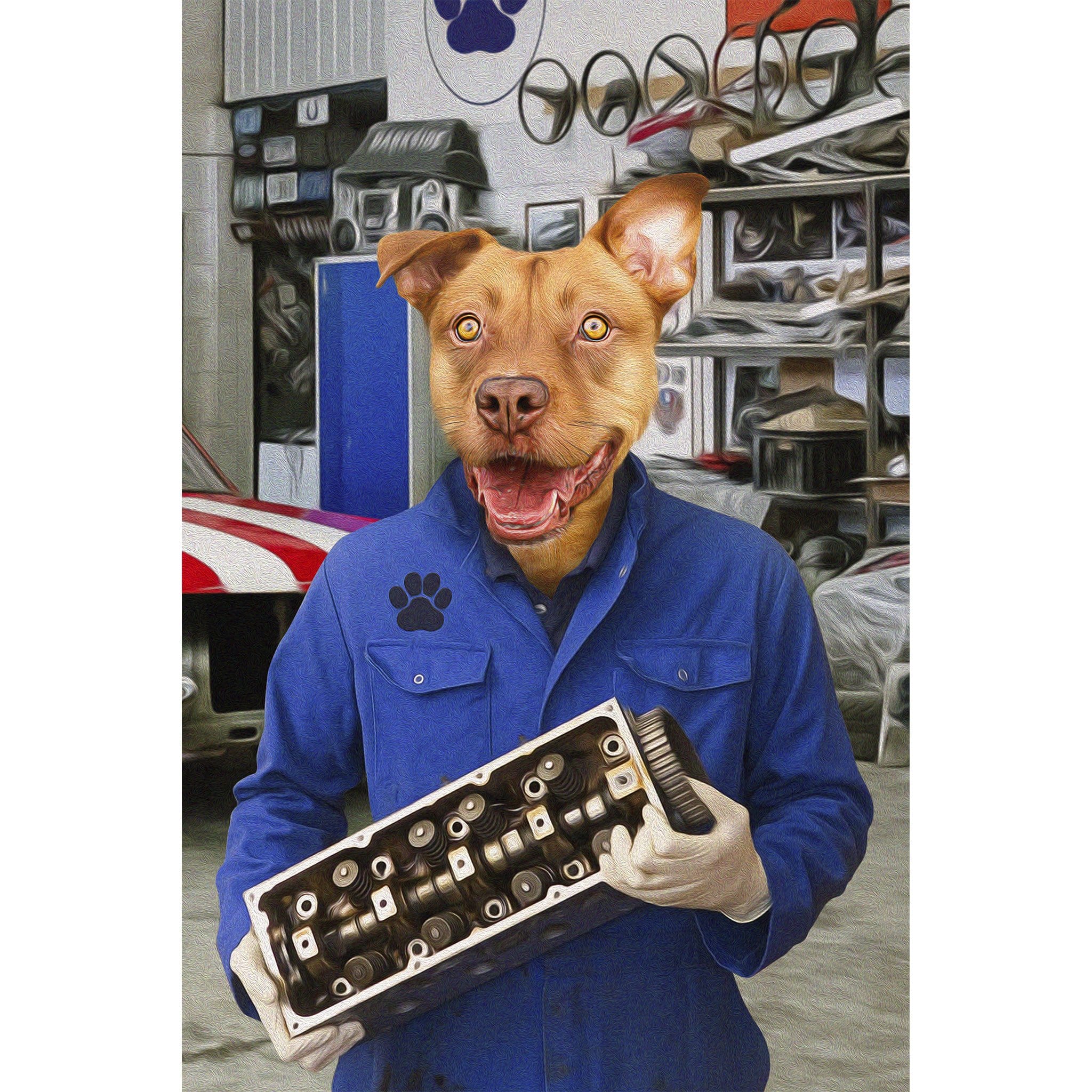 Custom digital portrait of a dog's head on a mechanic's body in a blue jumpsuit, holding an engine part.