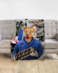 Personalized pet blanket featuring a dog's head on a mechanic's body holding an engine part.