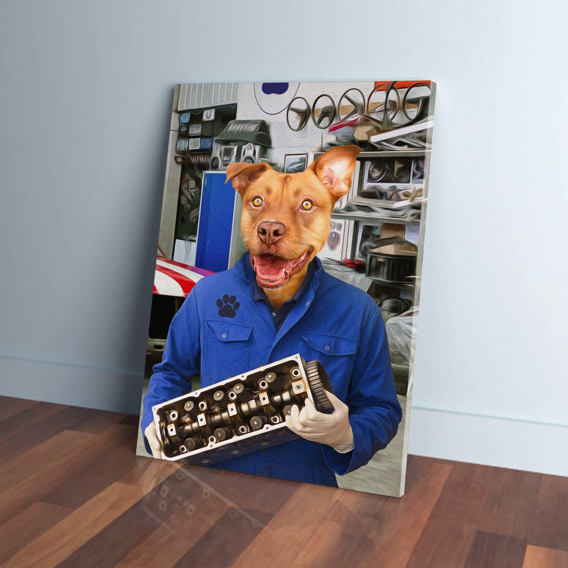 Personalized pet canvas featuring a dog's head on a mechanic's body in a blue uniform, holding an engine part.