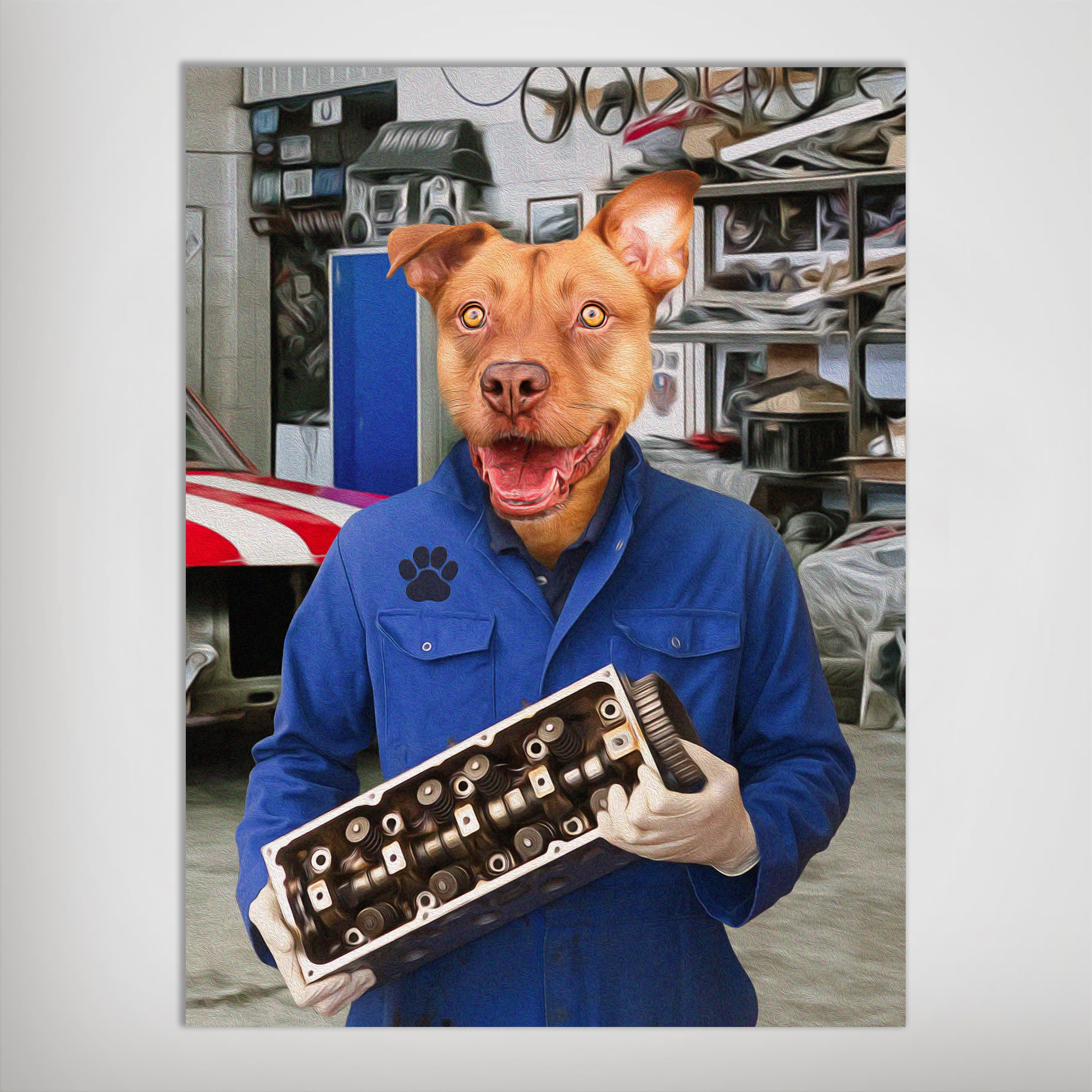 Personalized 'The Mechanic' pet poster featuring a brown dog's head on a body in blue overalls holding an engine part.