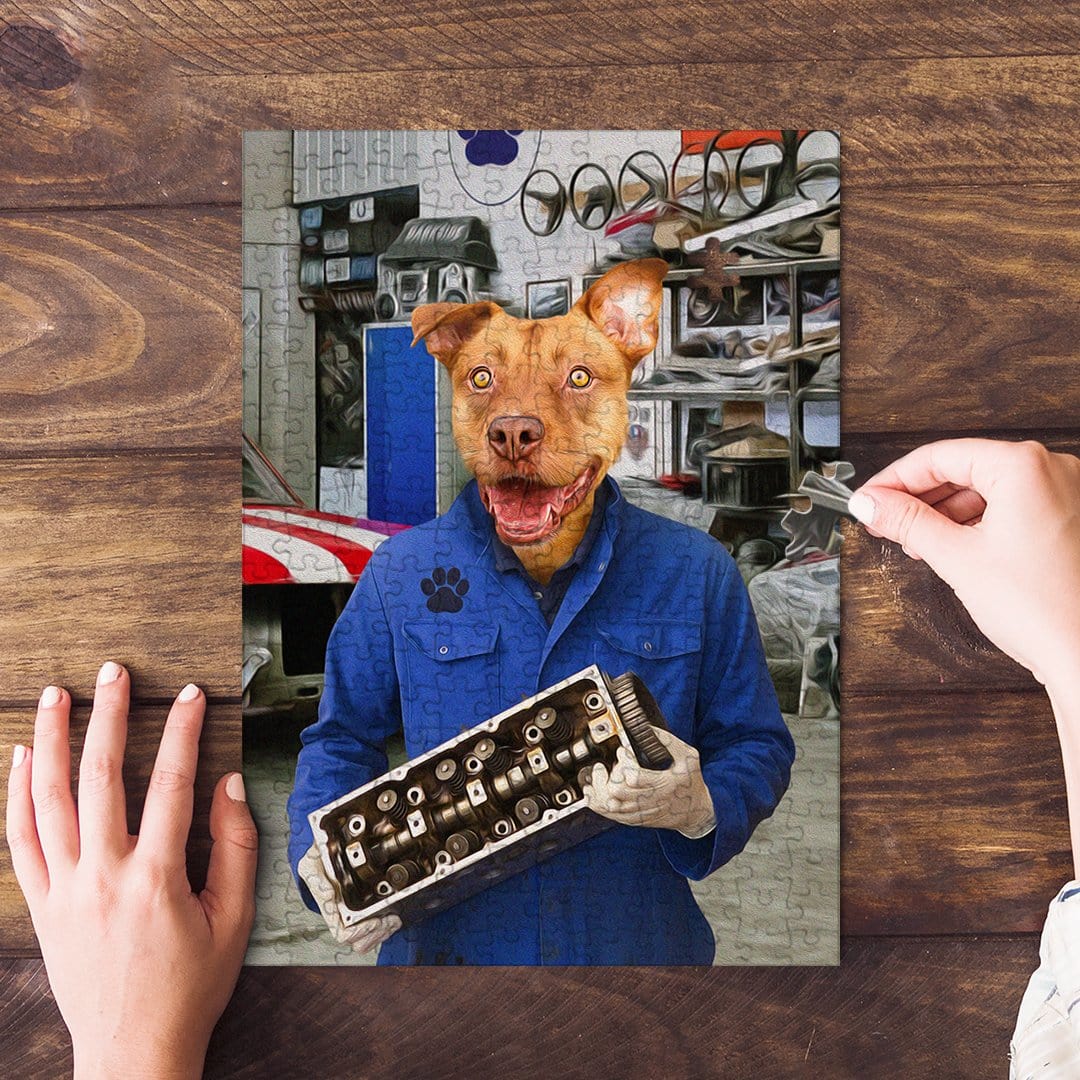 Personalized 'The Mechanic' pet puzzle featuring a dog in a blue jumpsuit holding an engine part.