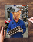 Personalized 'The Mechanic' pet puzzle featuring a dog in a blue jumpsuit holding an engine part.