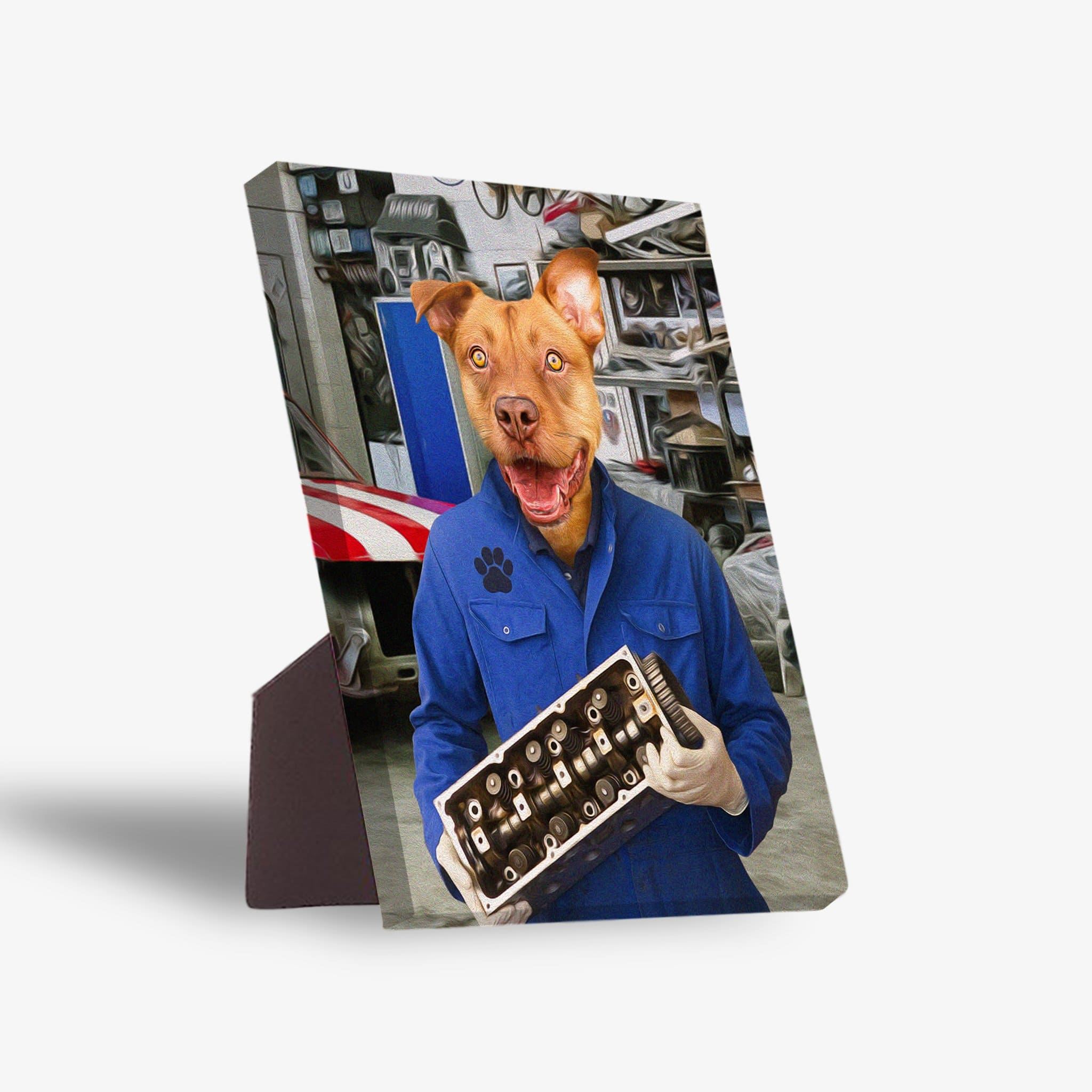 Personalized pet standing canvas featuring a dog in a blue mechanic's uniform holding an engine part.