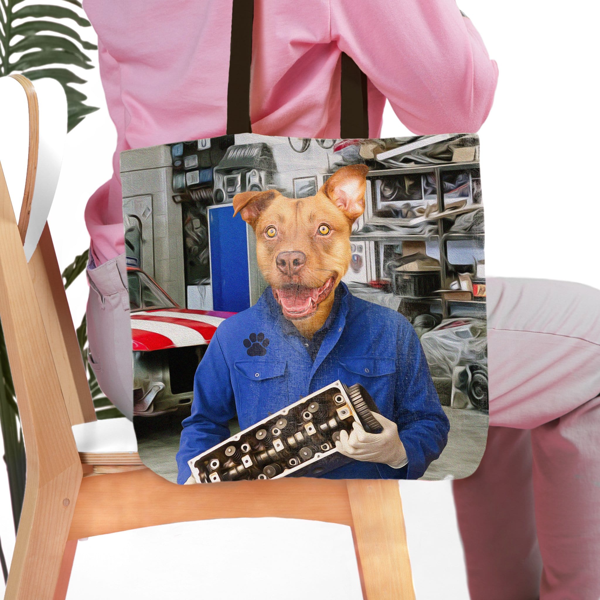 Personalized 'The Mechanic' tote bag with a custom pet portrait of a dog in a blue mechanic's uniform.