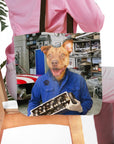 Personalized 'The Mechanic' tote bag with a custom pet portrait of a dog in a blue mechanic's uniform.
