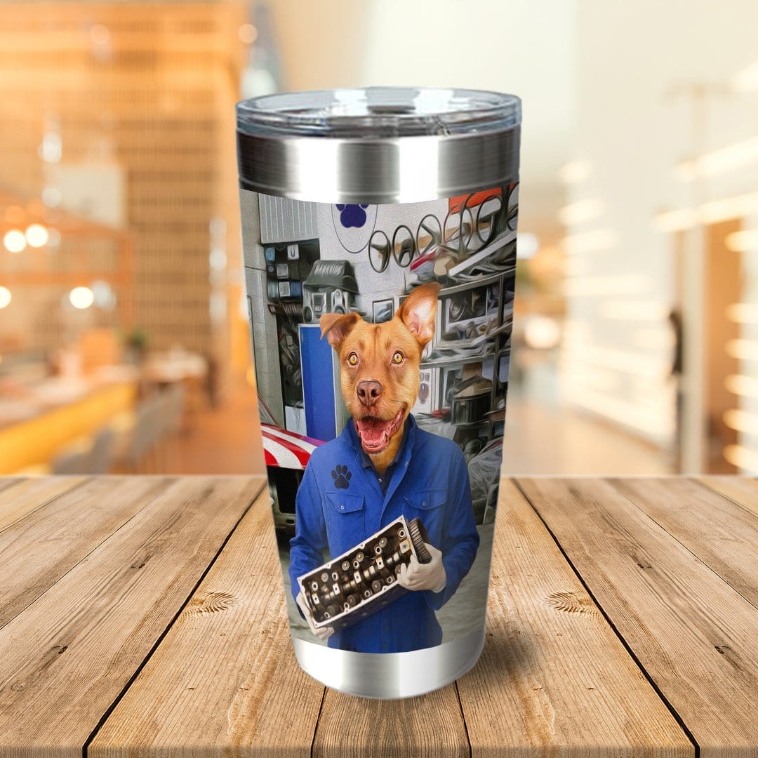 Personalized stainless steel tumbler with a custom dog portrait as a mechanic holding an engine part.