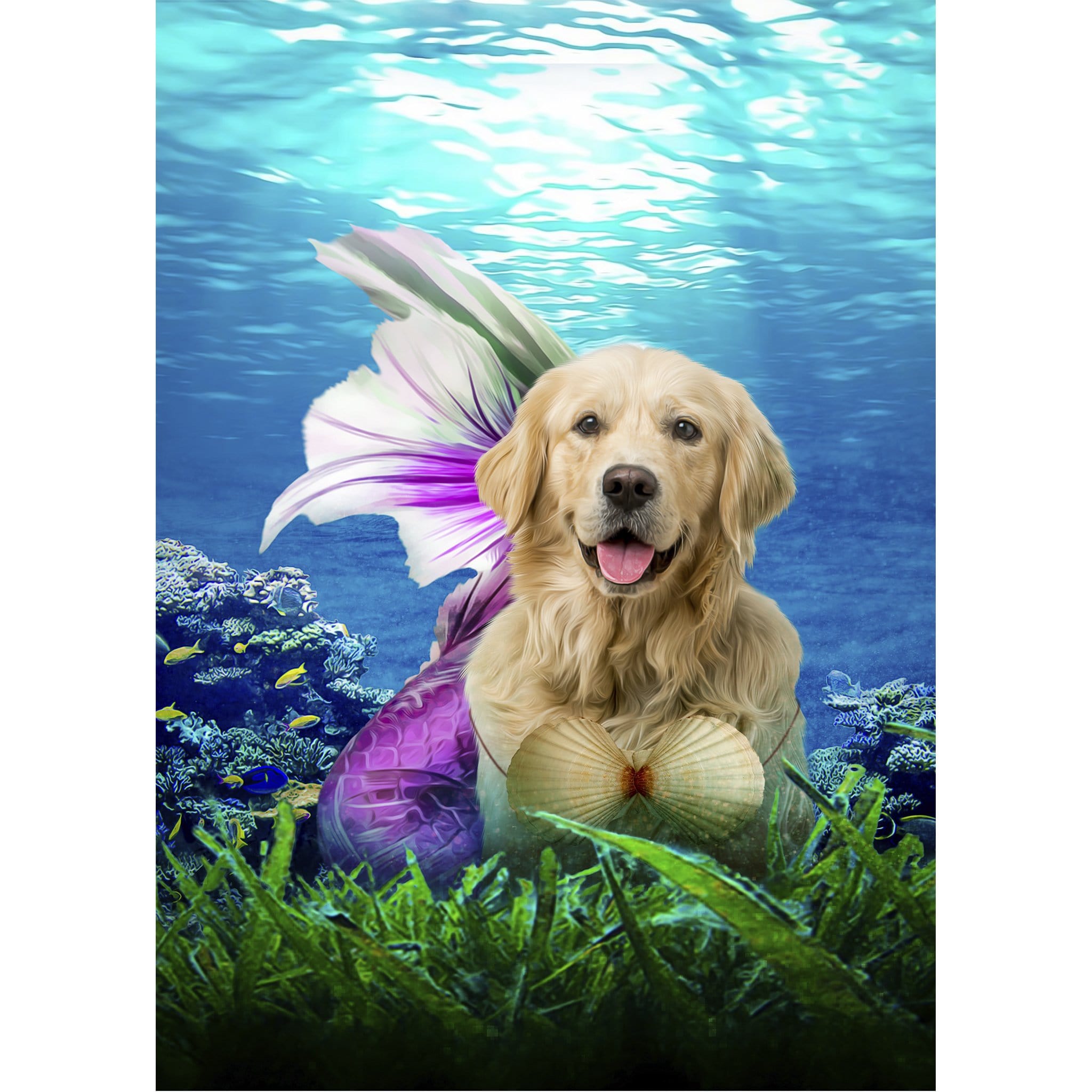 Custom digital portrait of a Golden Retriever dog as a mermaid in an underwater scene.