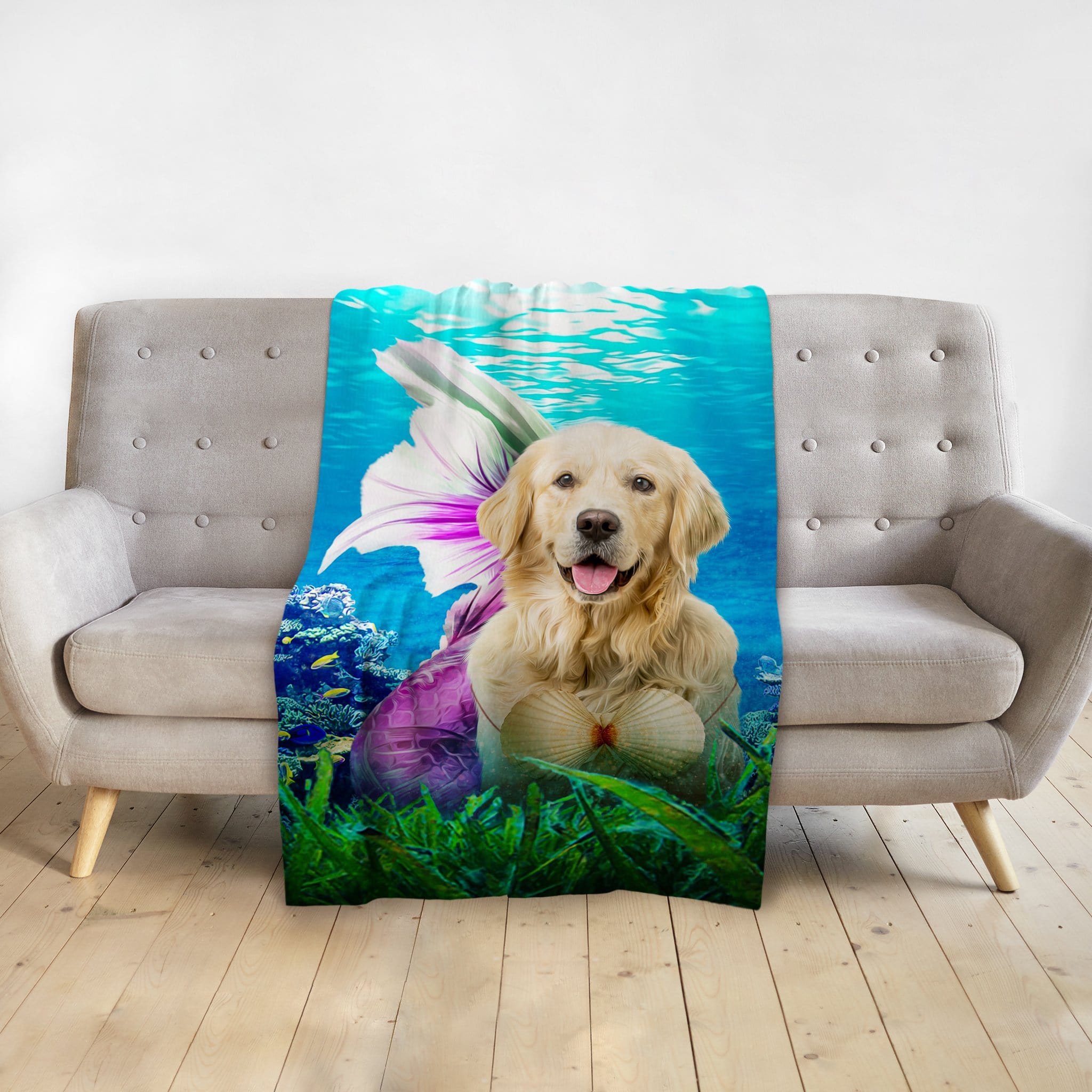 Personalized pet blanket with a golden retriever mermaid portrait in an underwater scene.