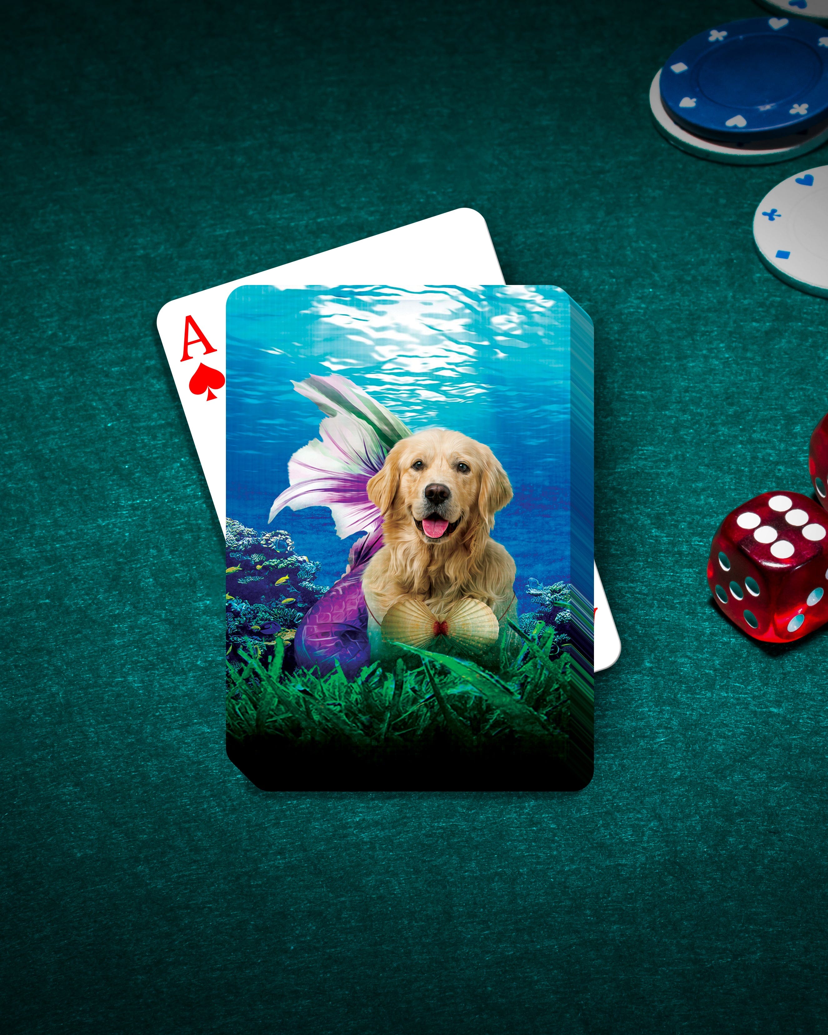 Personalized pet playing cards featuring a Golden Retriever as a mermaid on a green felt table with poker chips and dice.