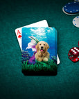 Personalized pet playing cards featuring a Golden Retriever as a mermaid on a green felt table with poker chips and dice.