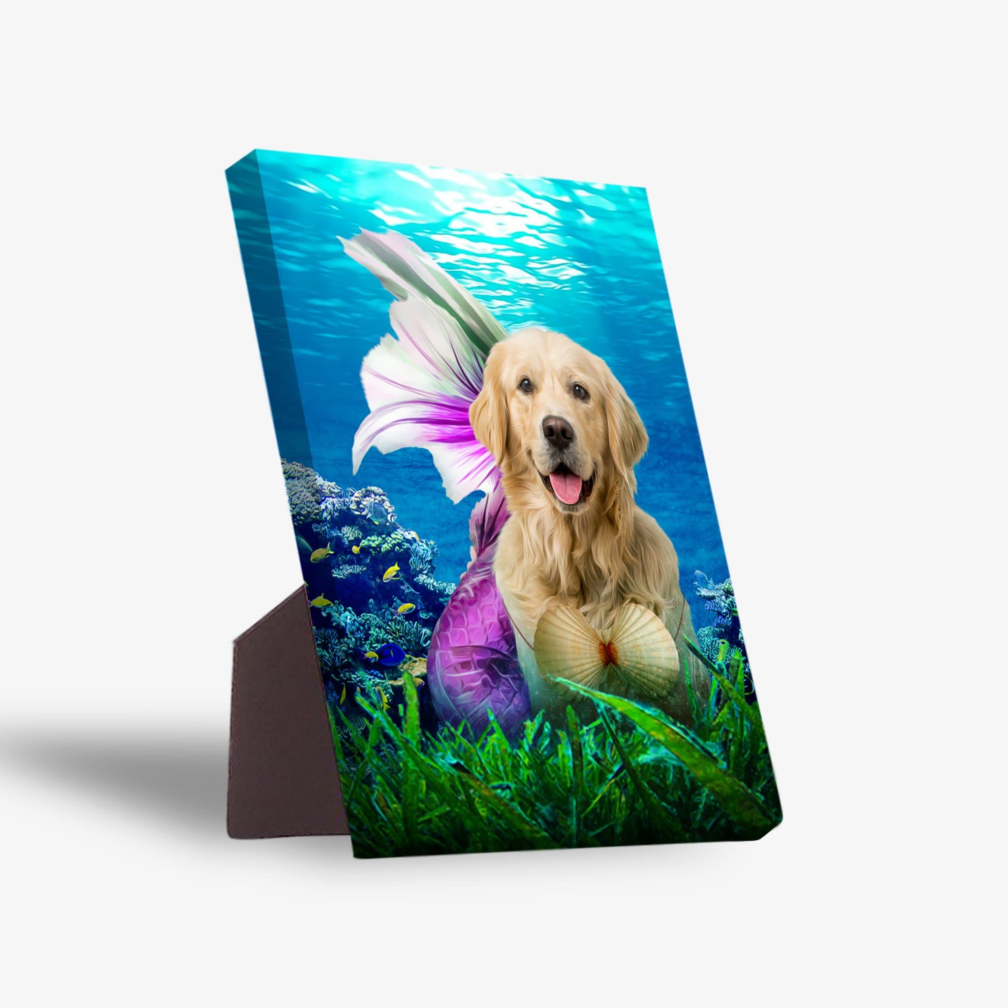 Personalized pet standing canvas featuring a golden retriever as a mermaid in an underwater scene.