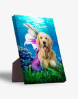 Personalized pet standing canvas featuring a golden retriever as a mermaid in an underwater scene.