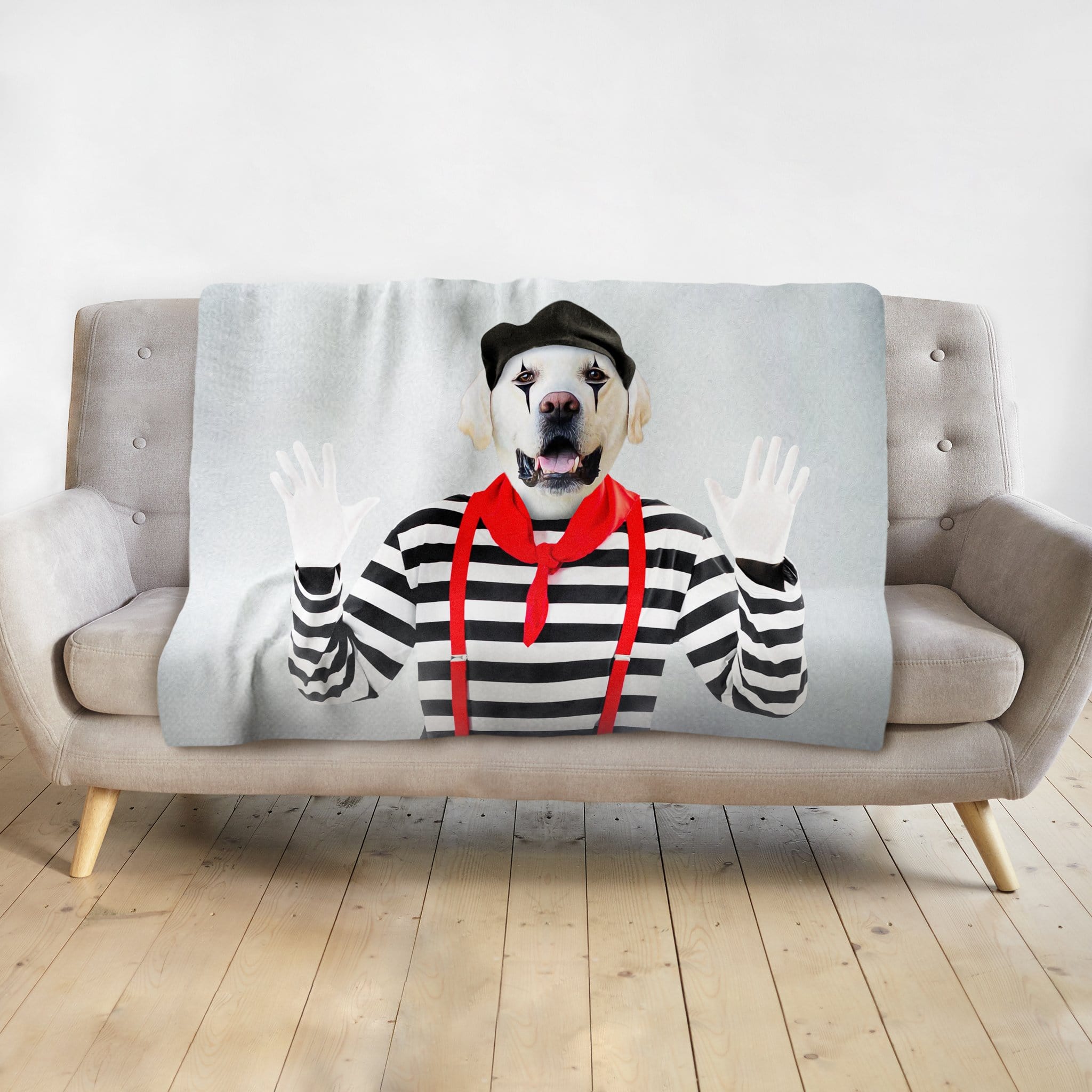 Personalized pet blanket with a golden retriever dog portrait dressed as a mime.