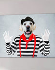 Personalized pet canvas featuring a dog dressed as a mime in a black and white striped shirt.