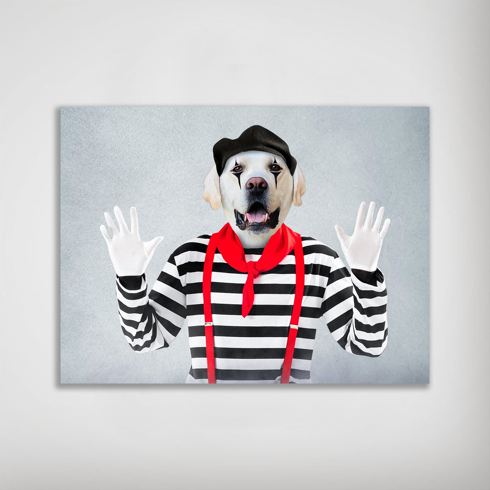 Personalized pet poster featuring a golden retriever's head on a mime's body with a black beret, red scarf, striped shirt, and white gloves.